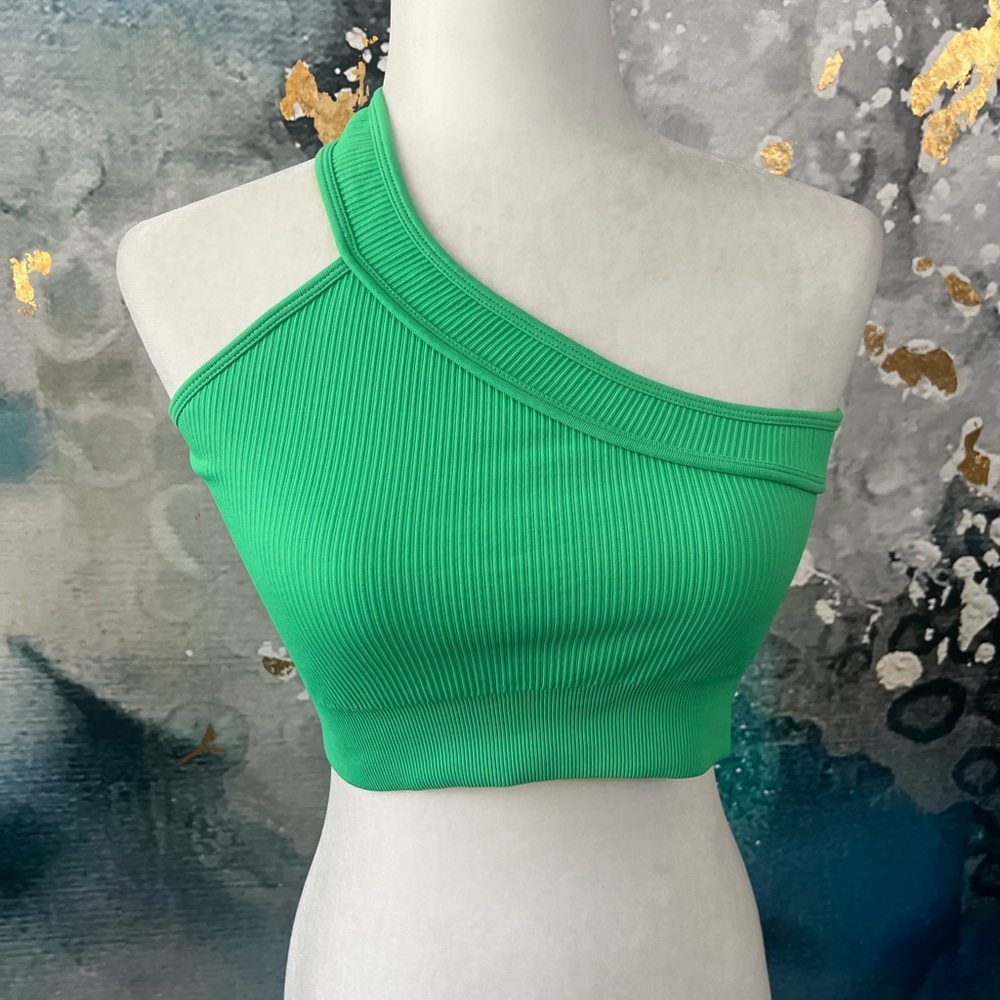 One-Shoulder Ribbed Sports Bra - Green